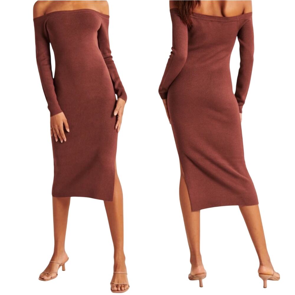 Abercrombie & Fitch Off Shoulder Knit Bodycon Midi Dress Side Slit Brown NEW XS
